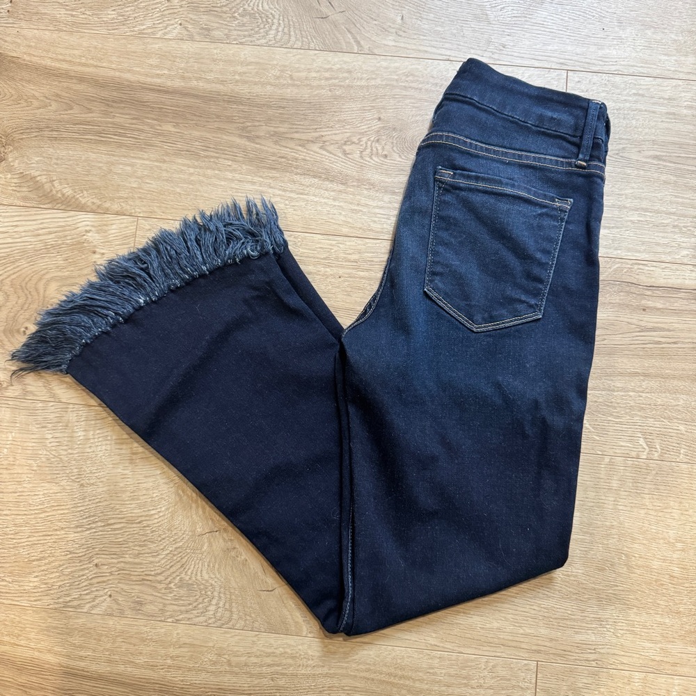 Frame Denim Dark Blue Fringed Flare Jeans